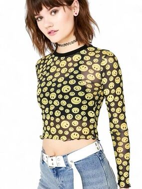 Delia’s Dolls Kill Smiley Face Print Black Mesh Long Sleeve Crop Top Size L